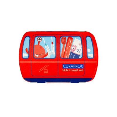 CURAPROX Kids travel set červený 1x zubní kartáček, 2x mezizubní kartáček CPS, 1x zubní pasta meloun 6+ 10 ml, 1x nálepka